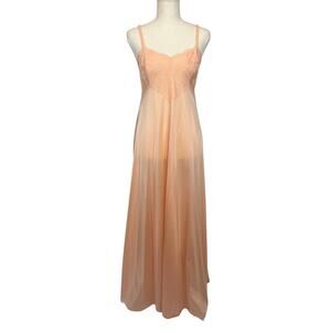 Elegant Vintage Olga Long Gown Peach Lace Maxi Slip Dress Women's 36 Coquette